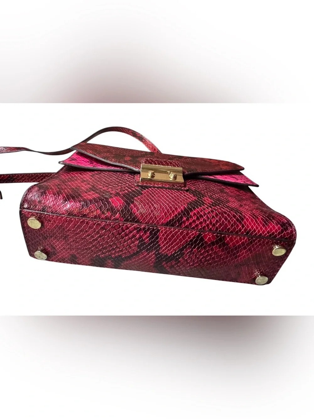 Michael Kors Red Snake-Embossed Satchel with Gold Hardware